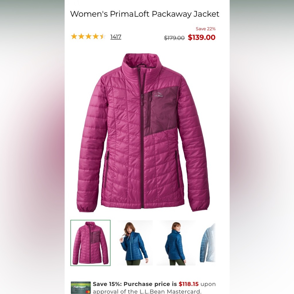 Womens LLBean PrimaLoft packaway jacket